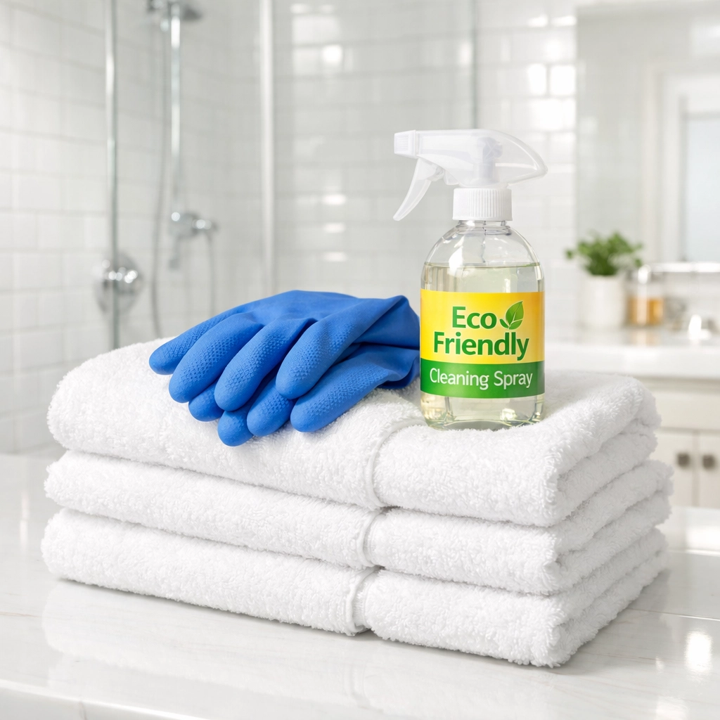 Professional eco-friendly cleaning supplies and gloves in a clean, hygienic bathroom for family and pet safety.