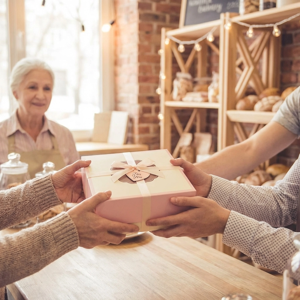 Hands exchanging a boxed celebration cake across a Felixstowe cafe counter, showcasing local bakery warmth