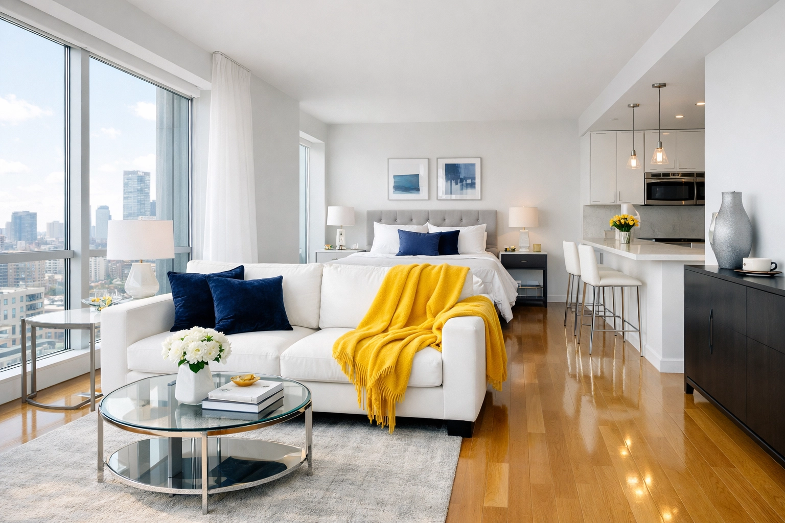 Spotless modern studio living room showcasing professional apartment cleaning services in Leominster MA.