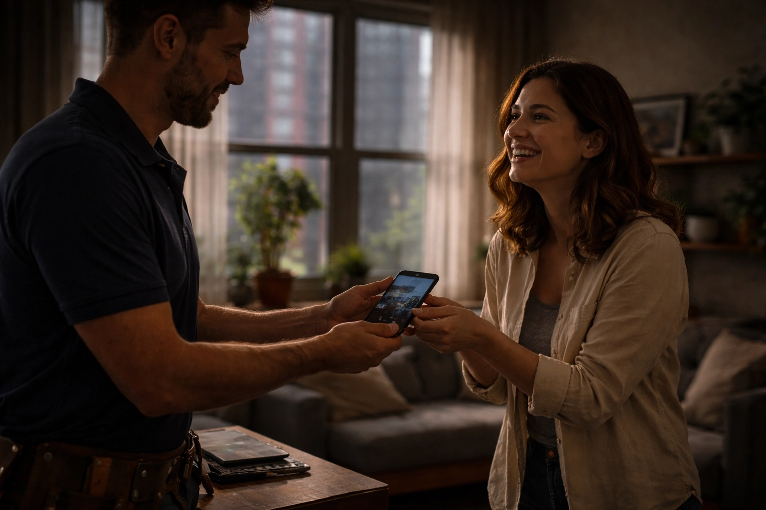 Friendly technician handing newly repaired smartphone to smiling customer in Brooklyn apartment, showing convenient mobile service.