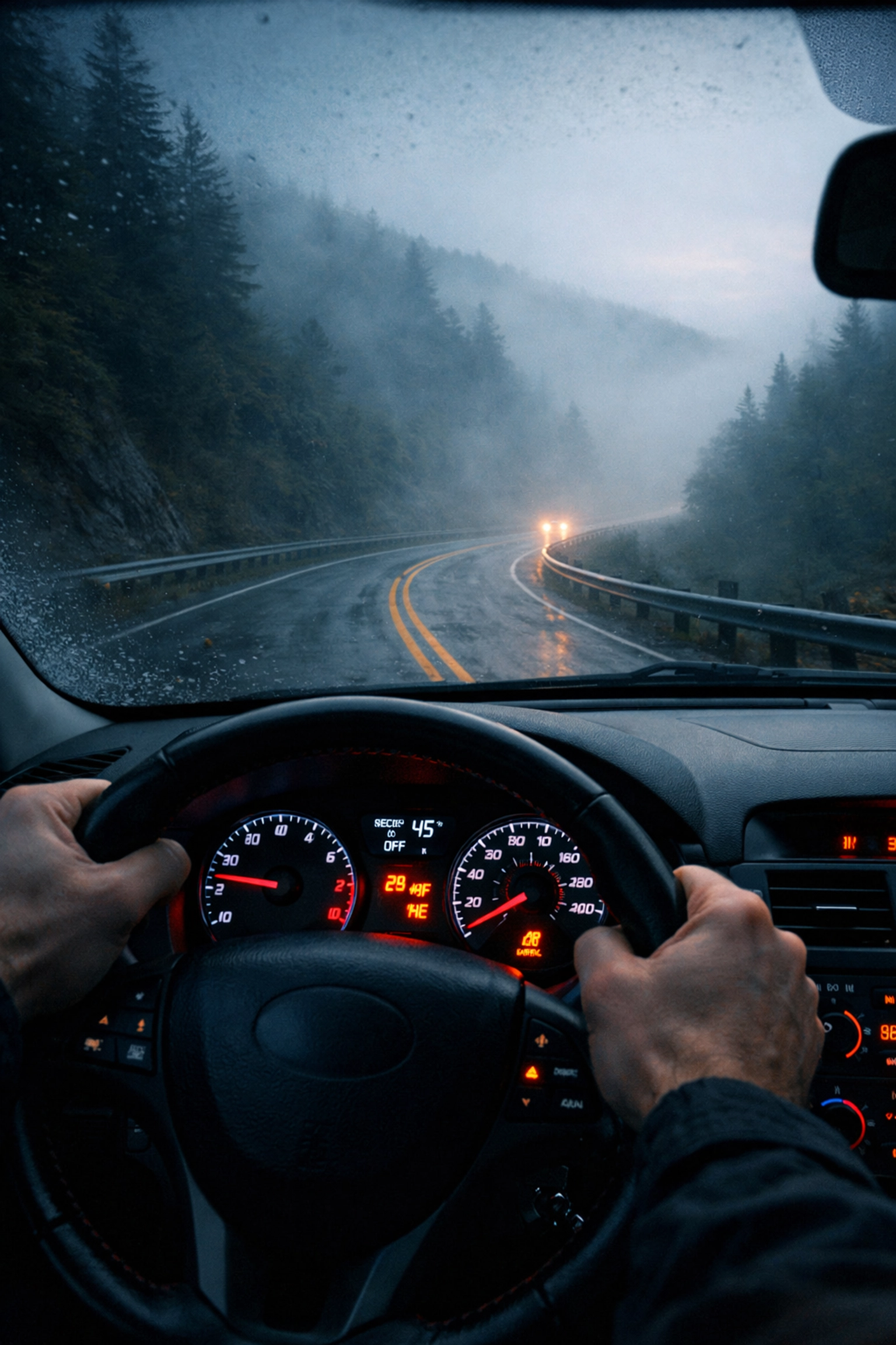 Driver correcting a steering pull on a misty West Virginia road before visiting a tire shop near me.