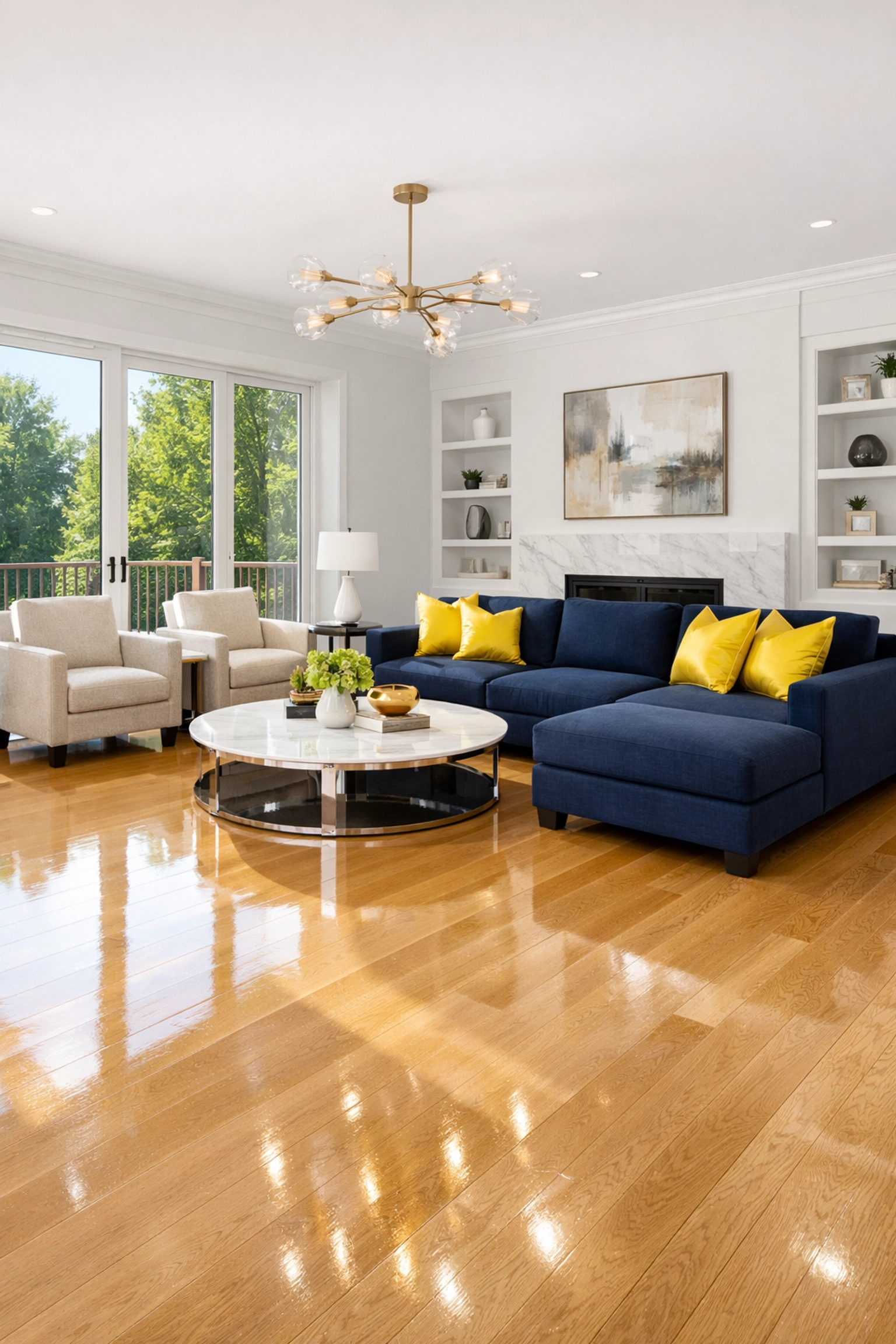 Pristine Newton living room after post-construction cleaning showing polished floors and dust-free luxury surfaces.