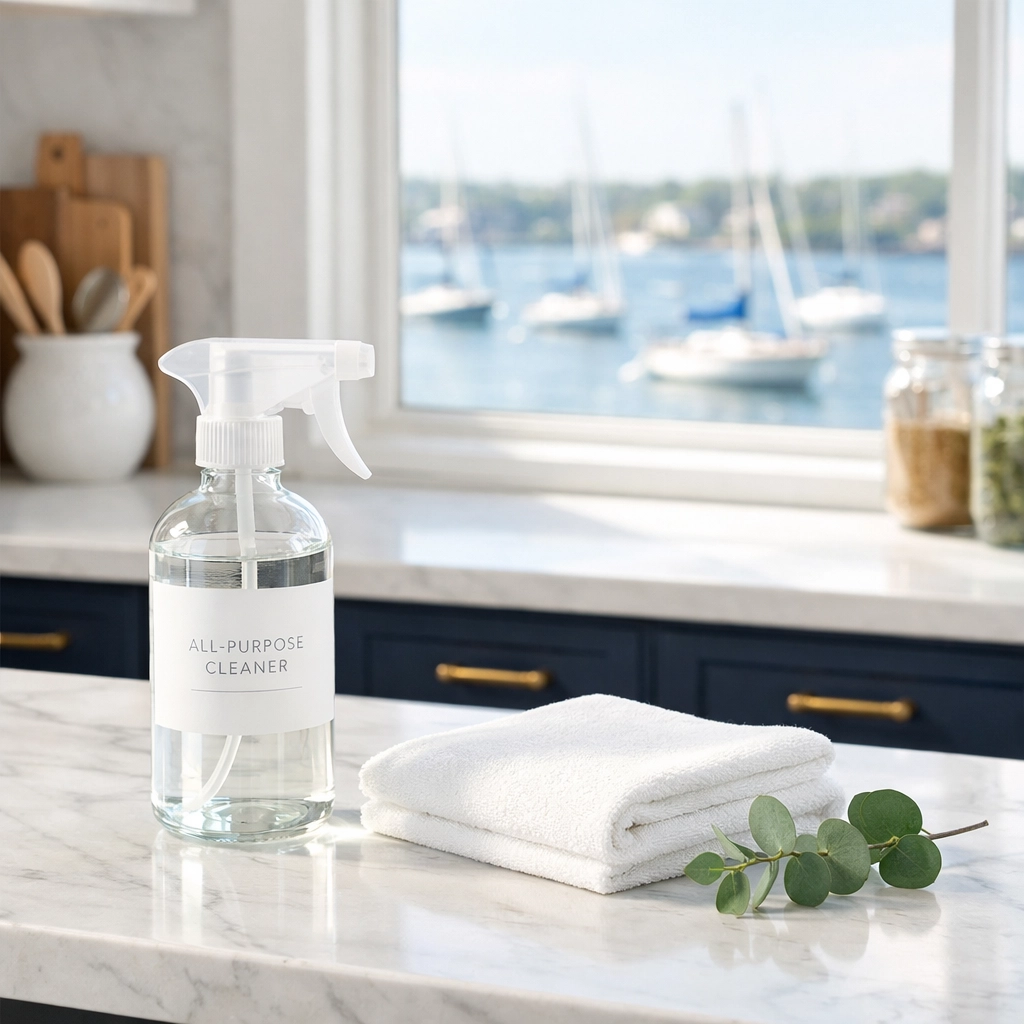 Sustainable luxury cleaning in Marblehead showing a pristine coastal kitchen with harbor views.