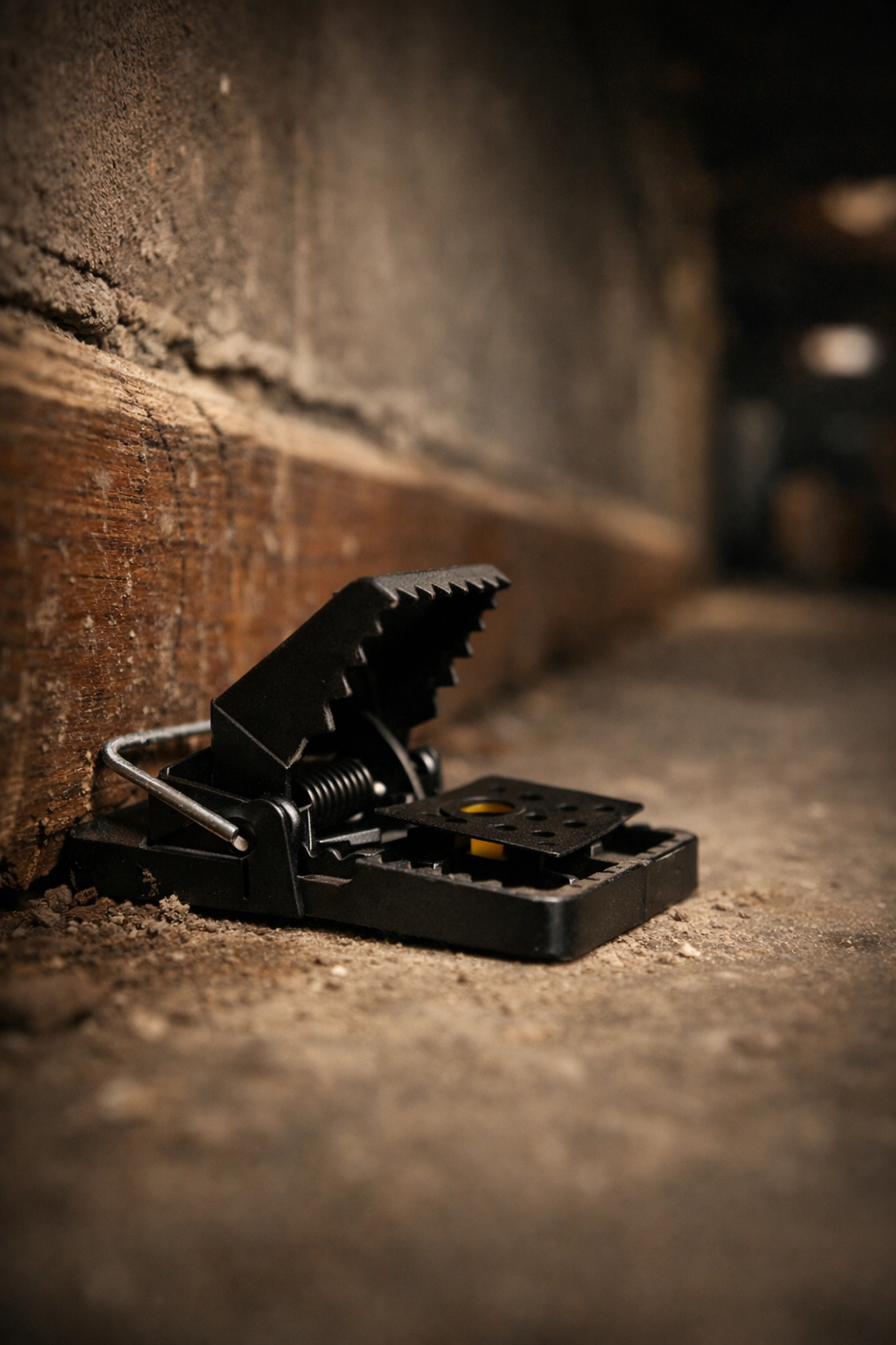 Professional rodent trap placed against a basement baseboard for effective rodent control in Westchester NY.