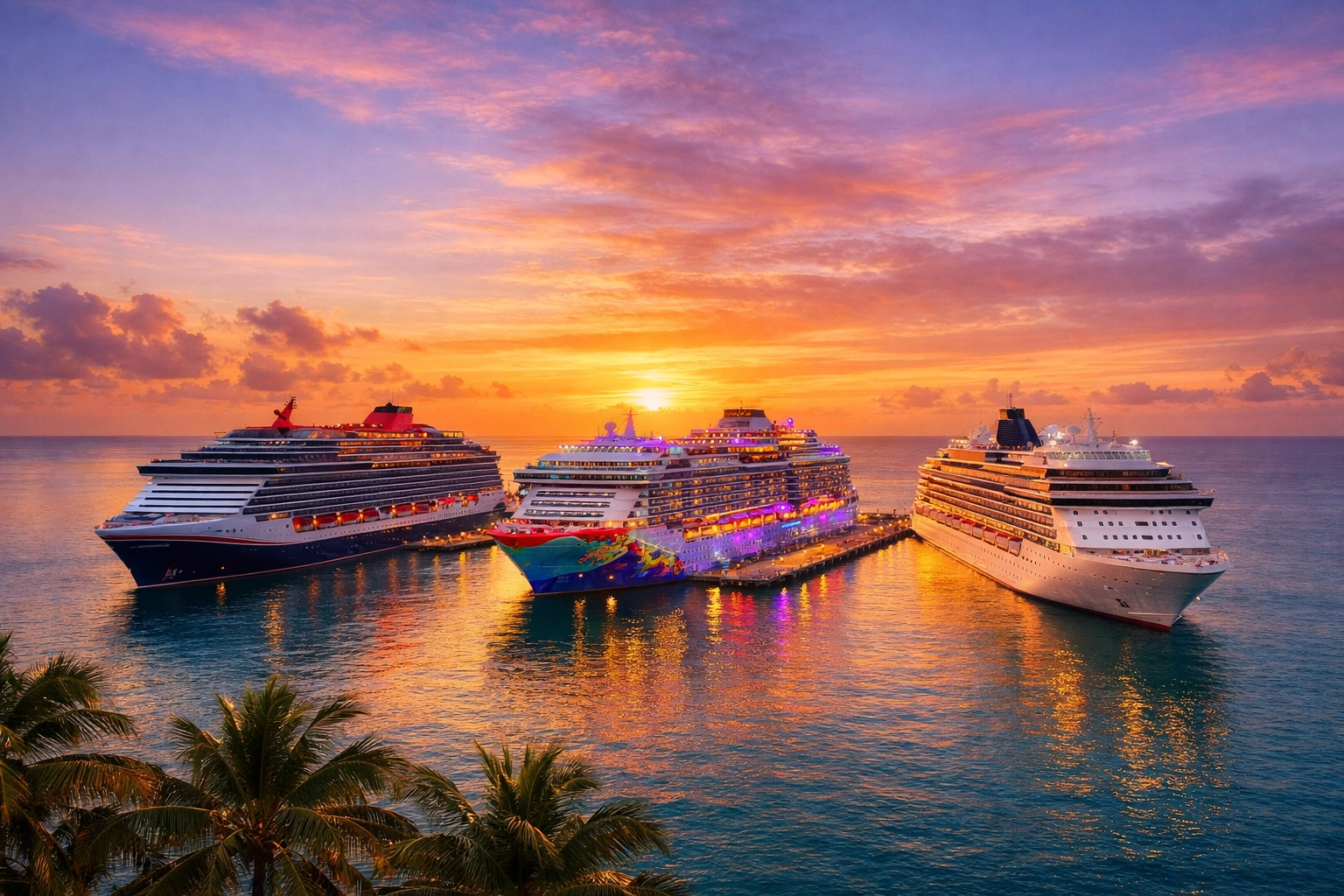 Three adults only cruise ships docked at Caribbean sunset port