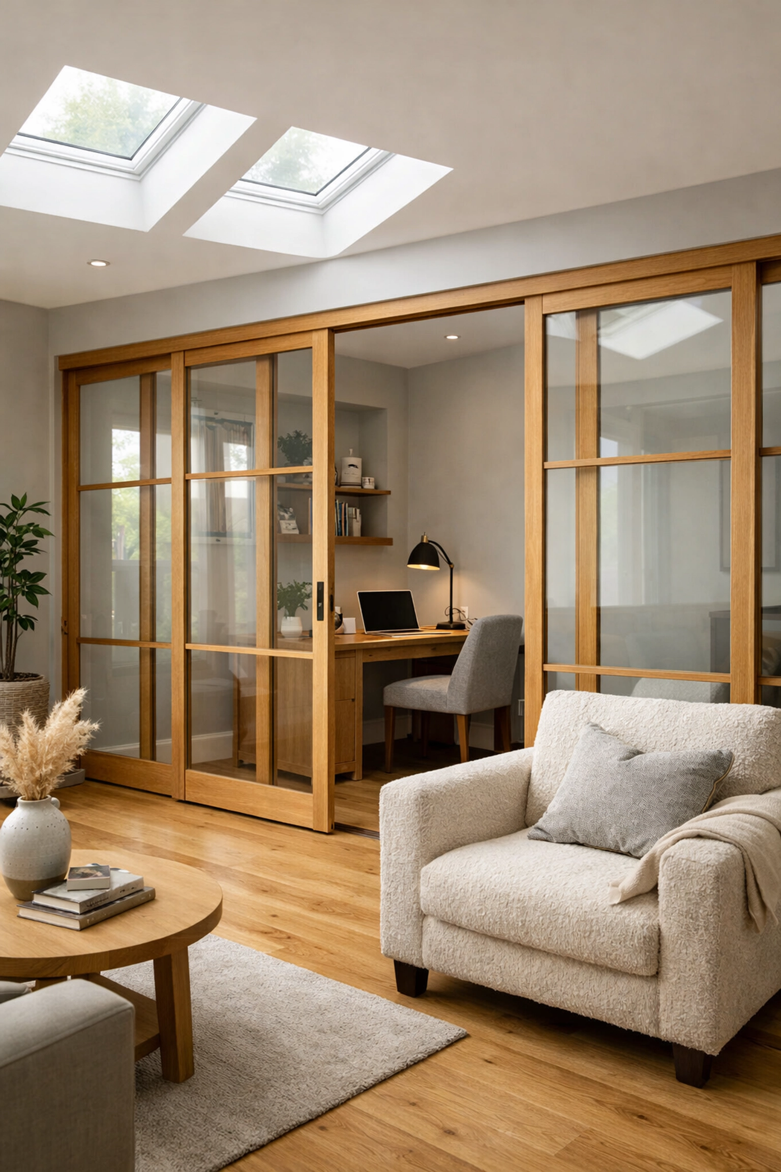 Sliding glass partition creating flexible home office space within extension