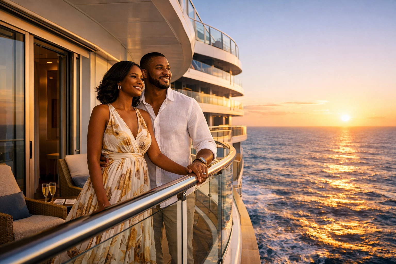 Couple relaxing on a cruise ship balcony booked through a Lifestyle Cruises travel agent expert.