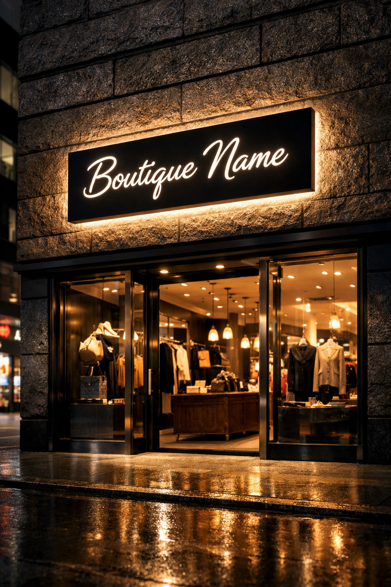 Elegant halo-lit LED business sign mounted on a textured stone wall for a premium storefront look.