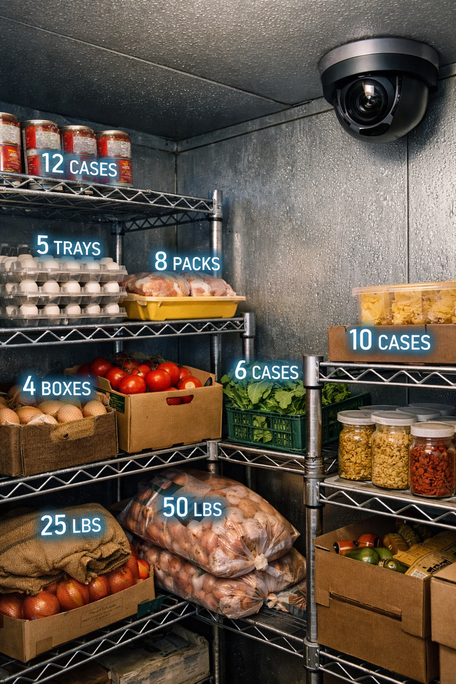 Walk-in cooler with automated inventory tracking system monitoring restaurant stock levels