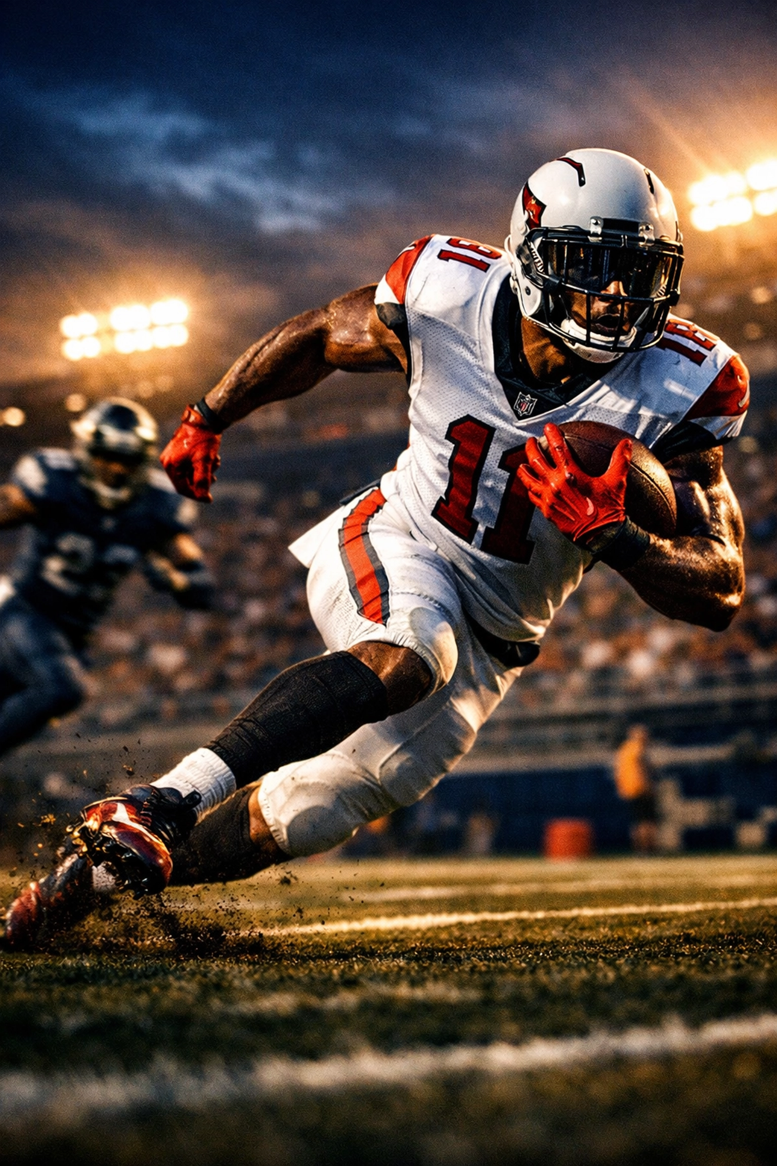 Athletic wide receiver demonstrating elite speed and separation while running a route on the field.