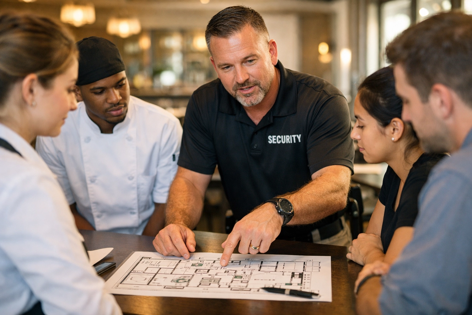 Professional security training session for restaurant staff to ensure Martyn's Law procedural readiness.