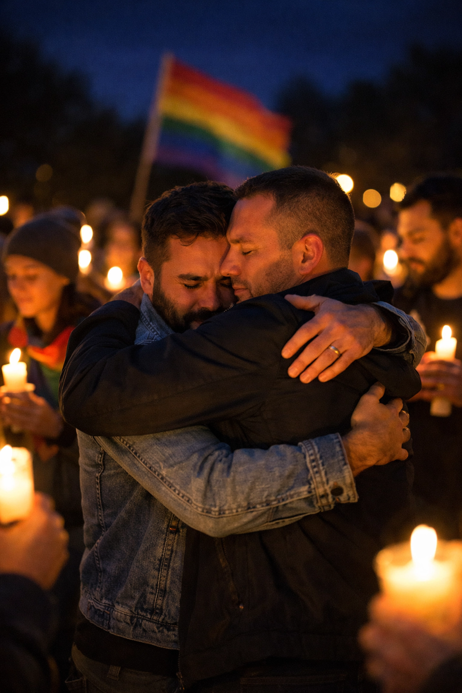 LGBTQ+ community members embrace at candlelight vigil remembering fire tragedy victims