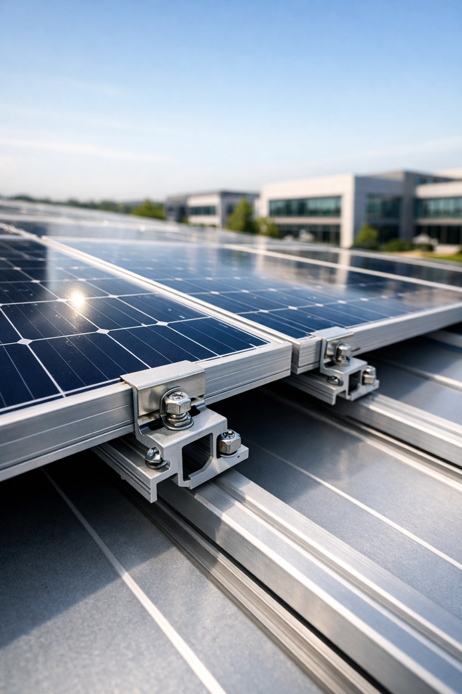 Close-up of a professional commercial solar panel installation on a modern industrial roof for business energy efficiency.