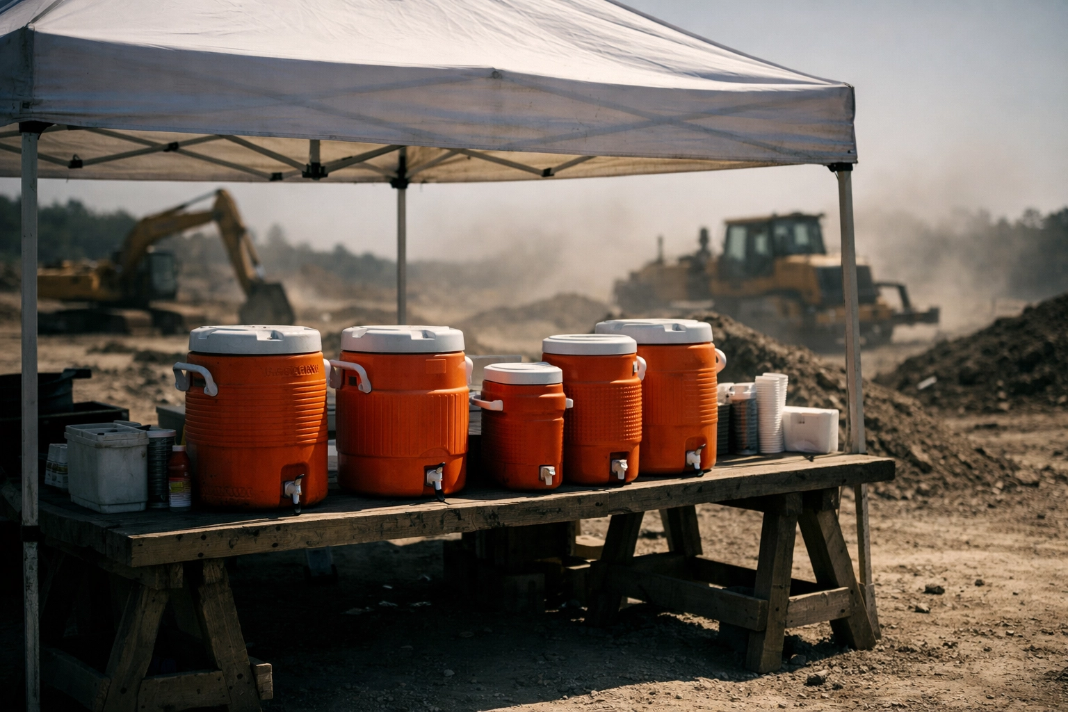 Utility crew cooling station with water coolers under a canopy for OSHA 2026 heat rule compliance.