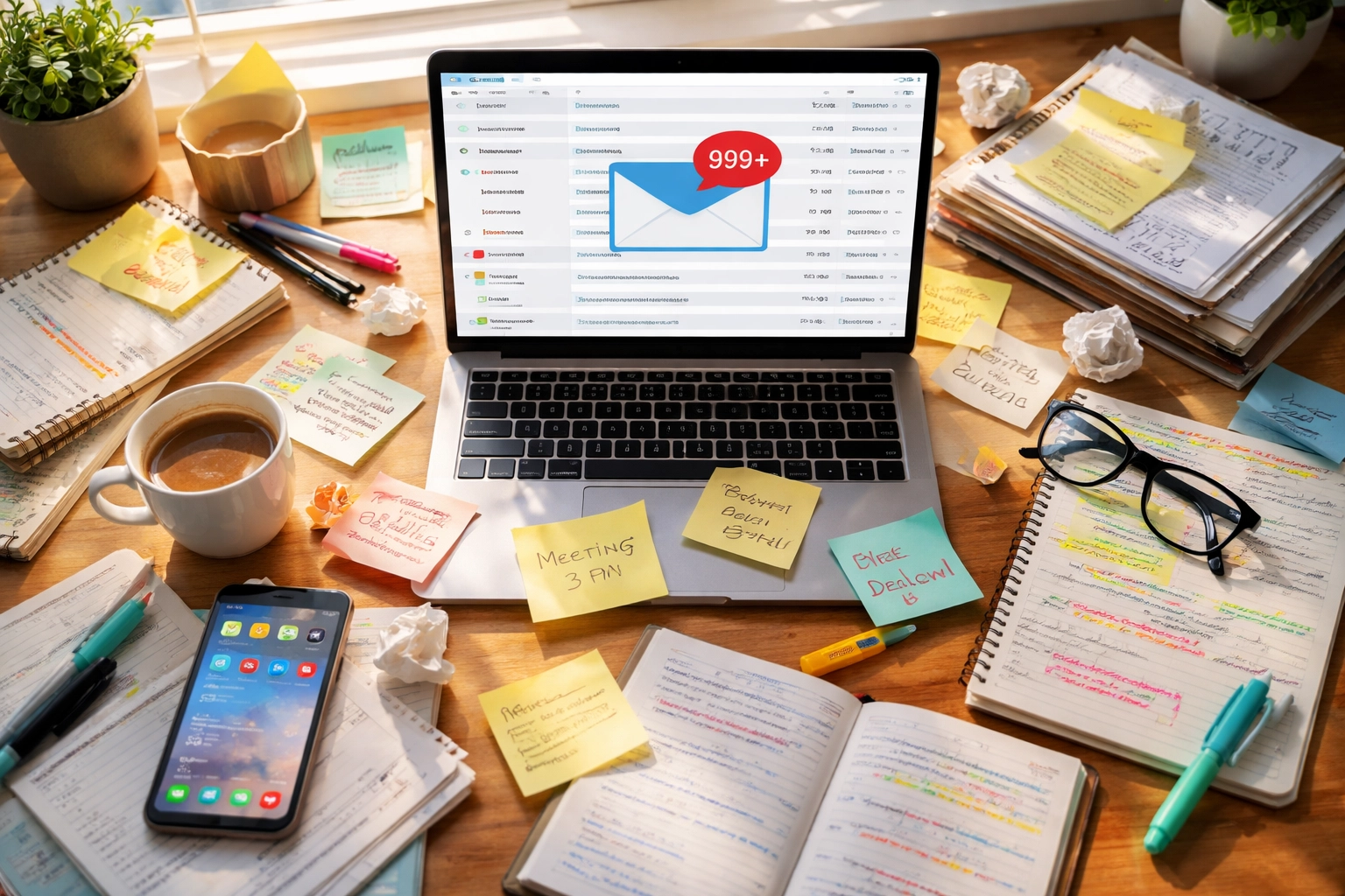 Cluttered home office desk with overflowing inbox showing why busy entrepreneurs need virtual assistant support