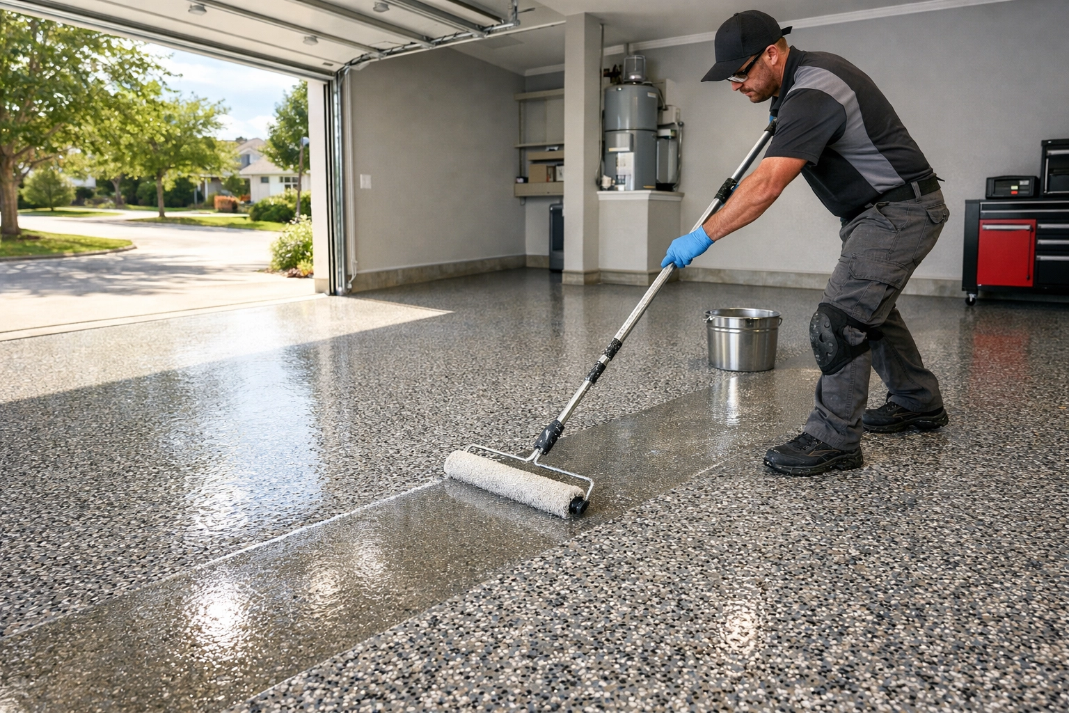 Professional application of a slip-resistant polyaspartic topcoat on a garage floor.