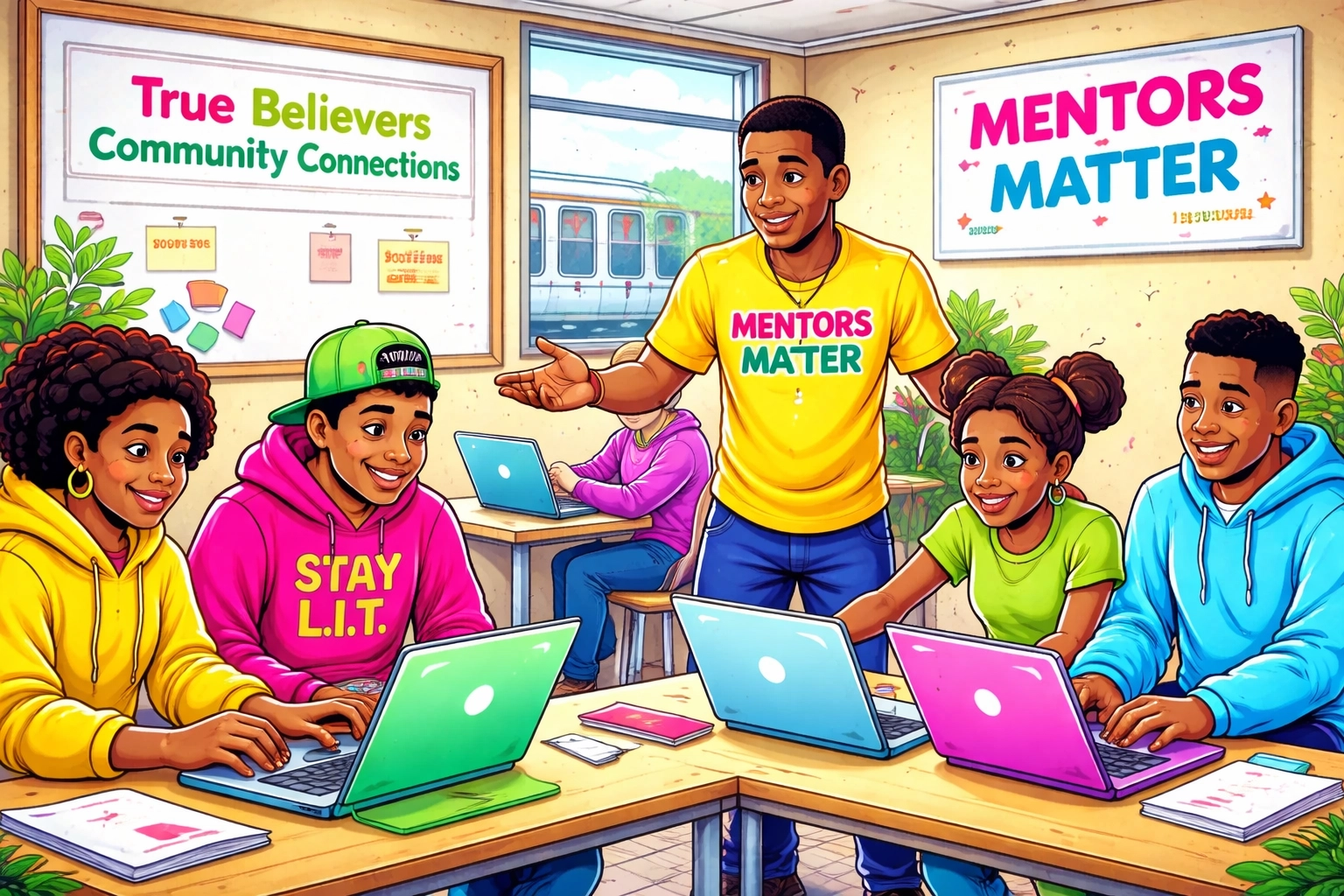 Vibrant cartoon-style graphic of diverse youth in a South Side training workshop, using TBCC pink, yellow, green, and blue.