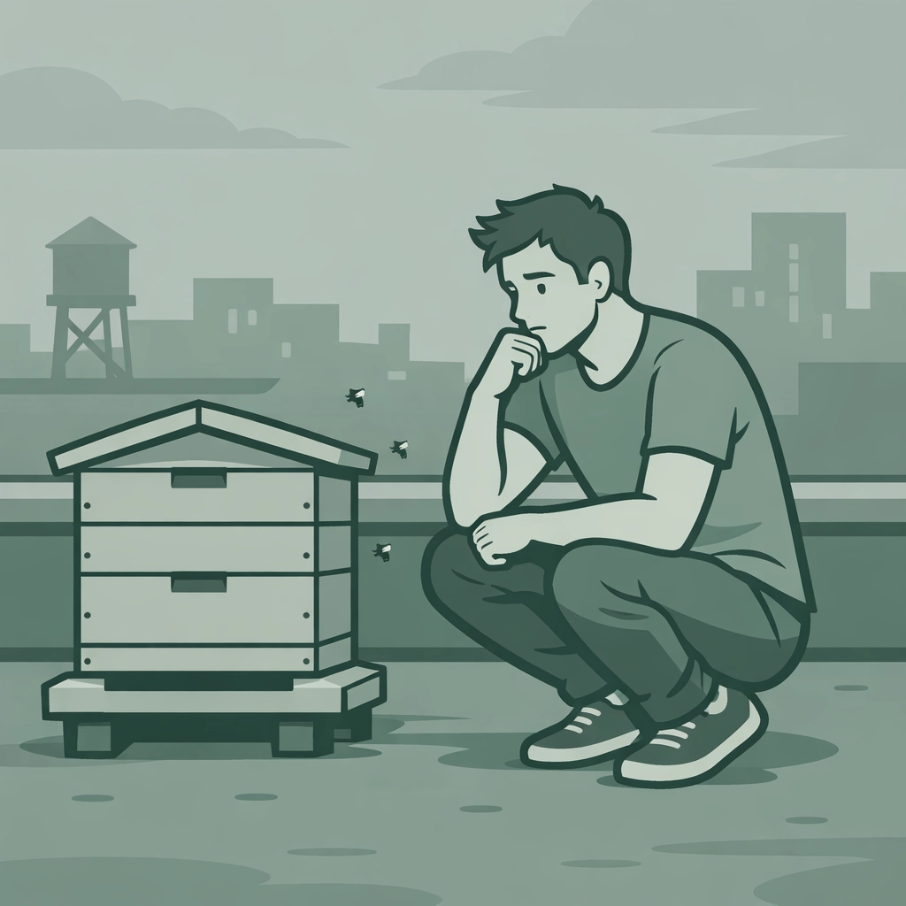Urban beekeeper facing challenges while maintaining rooftop hive in city setting