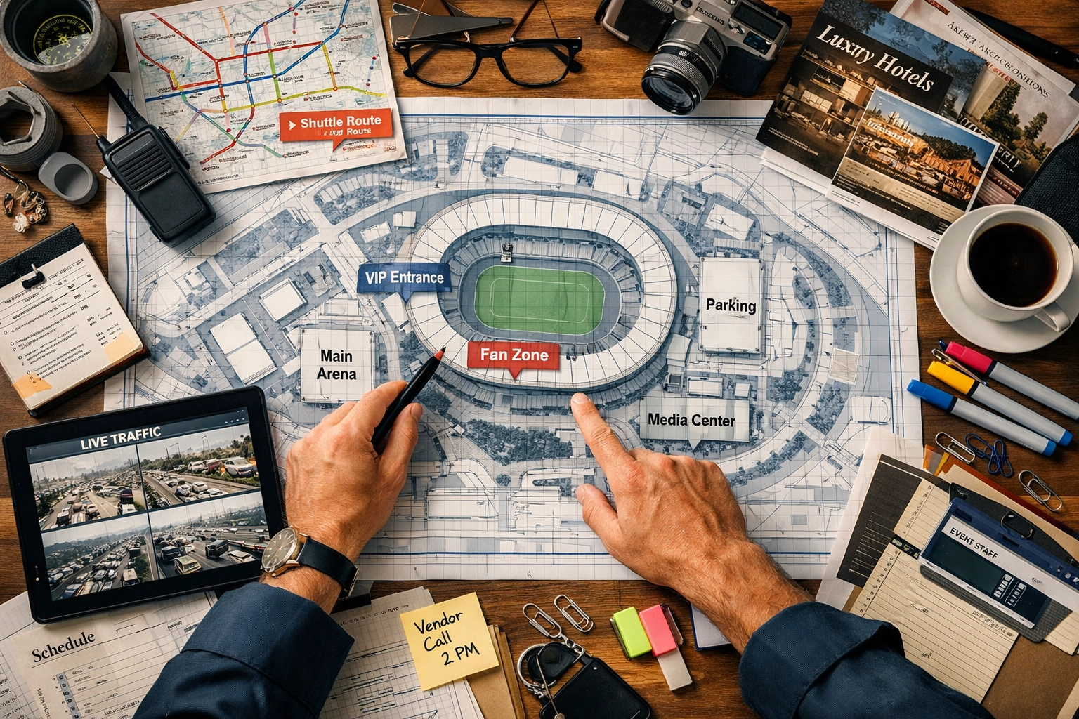 PRESS RELEASE: 7 Mistakes Companies Make with Super Bowl Corporate Travel (And How to Fix Them Before Kickoff) Super Bowl event planning workspace with stadium blueprints and transportation logistics maps