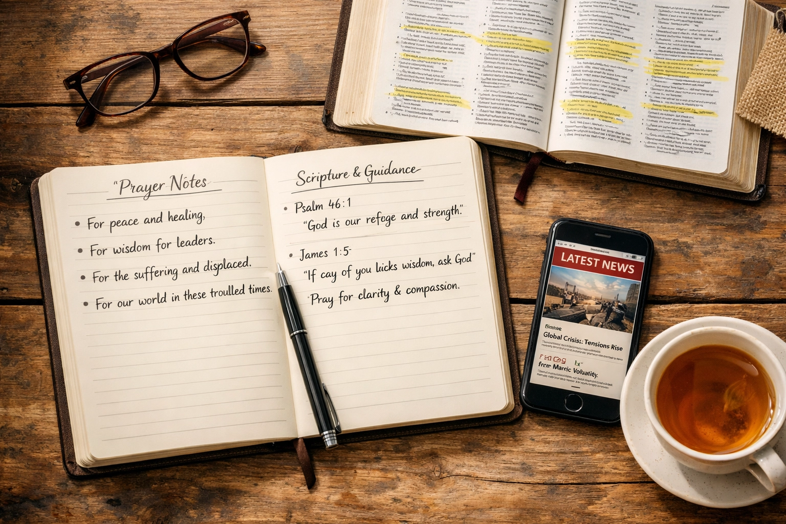 Prayer journal, Bible, and news app on desk showing prayerful engagement with current events