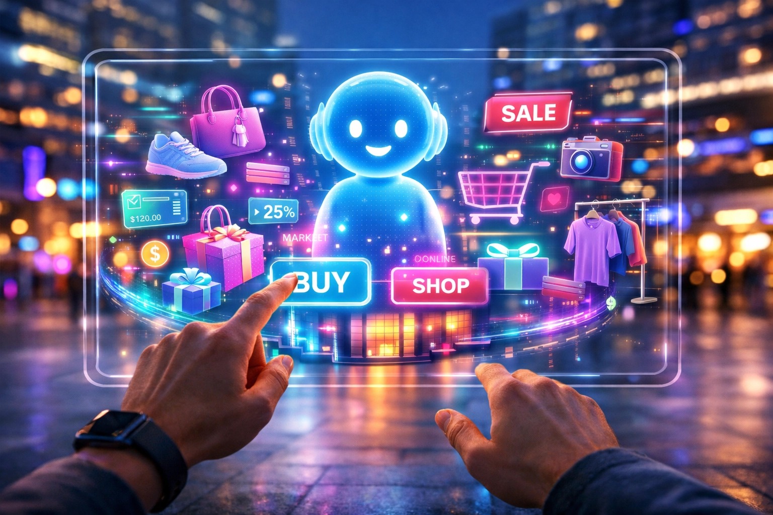 A person using an augmented reality interface for a futuristic Larecoin AI-powered shopping experience.