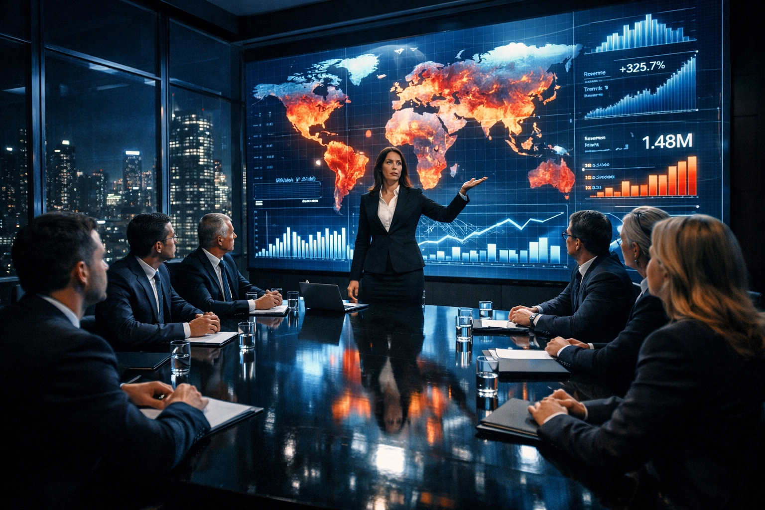 Corporate executive presenting Super Bowl marketing ROI data visualizations to a board in a modern office.