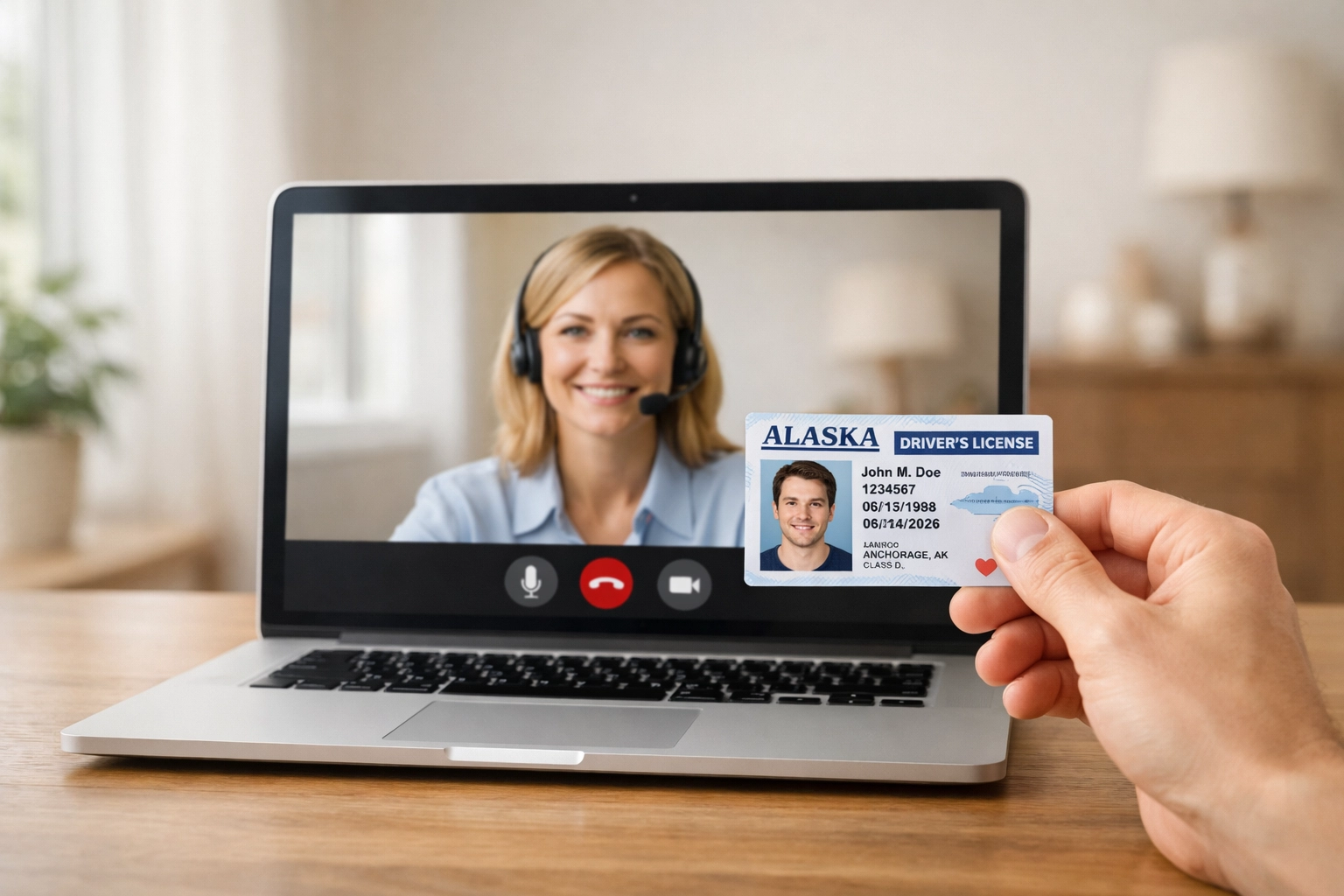 Alaska driver's license shown to laptop webcam during remote online notarization video session