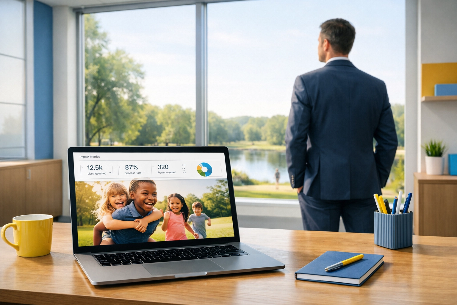 Fundraising professional using a donor dashboard for automated impact reporting and stability.
