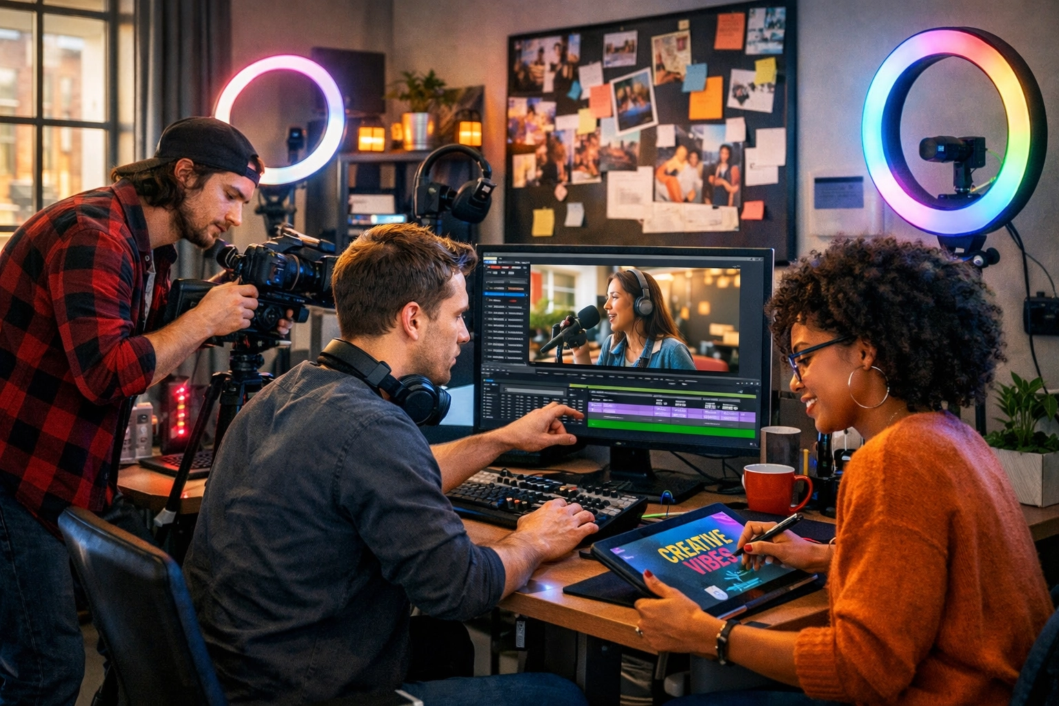 Content creation team collaborating on video project in professional pod studio workspace