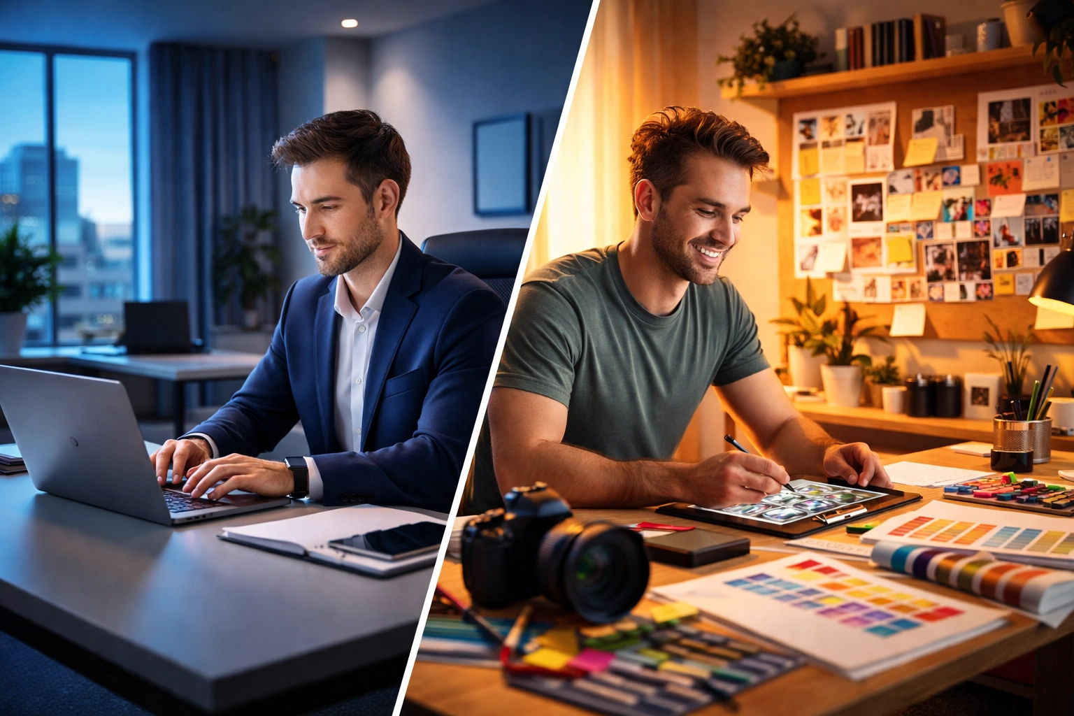 One person shown balancing office work and a creative side hustle, illustrating dual employment lives.