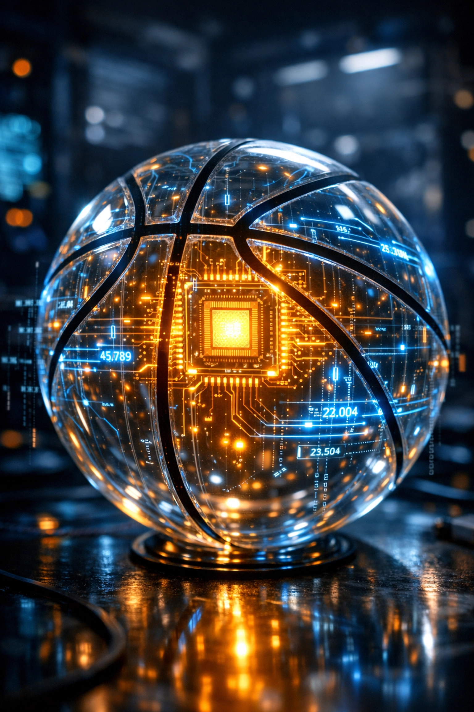 Advanced NBA AI prediction graphic featuring a digital basketball with integrated sports betting data analytics.