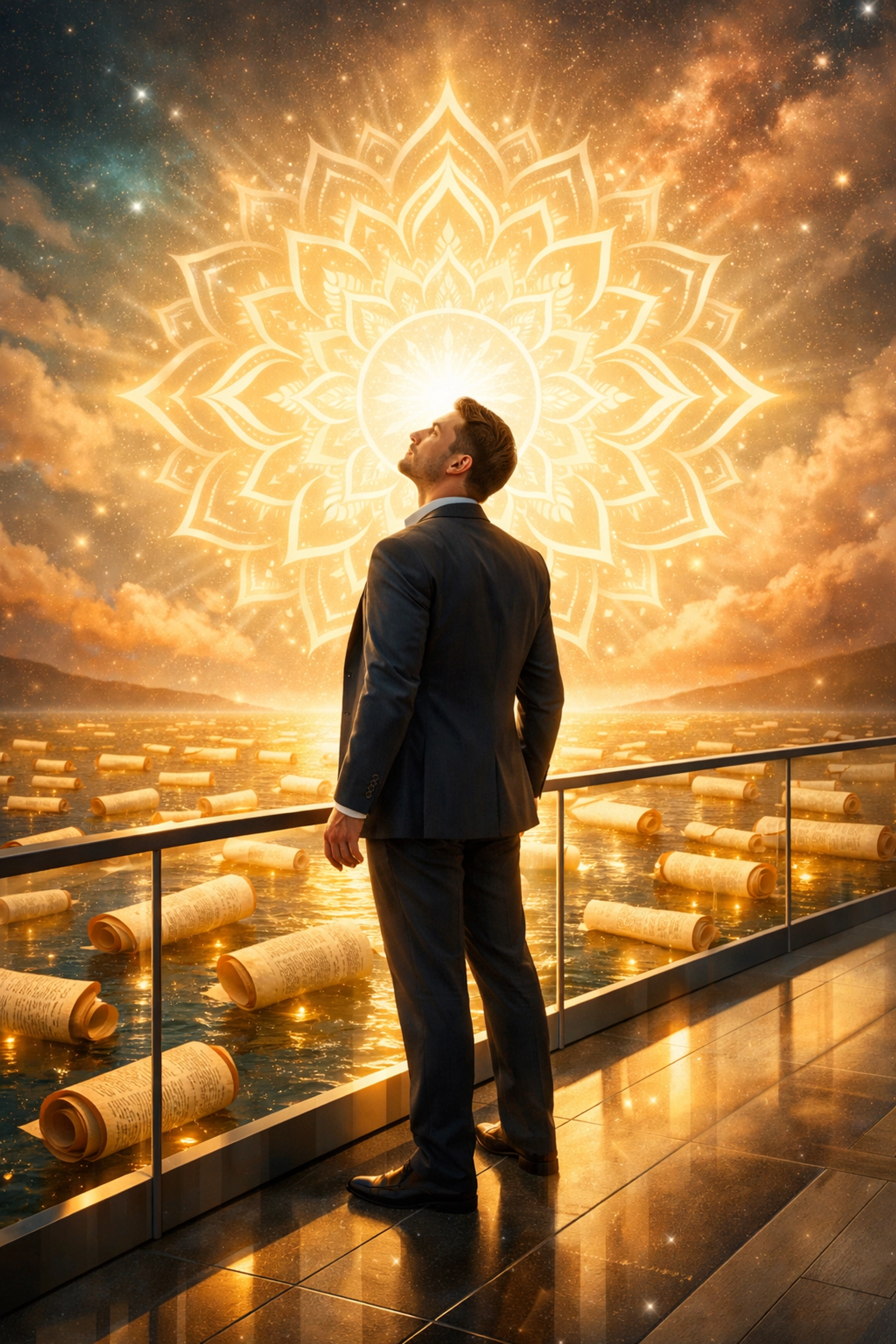 Professional man experiencing spiritual alignment and relief after a soul contract reading in the Akashic Records.