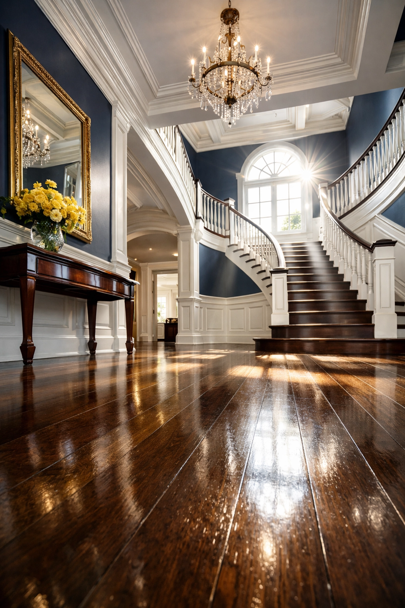 Polished dark walnut floors and white wainscoting in a clean Groton luxury estate foyer.