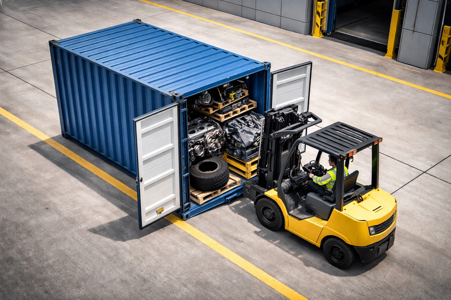 Forklift loading heavy machinery and auto parts into a 20ft container at a warehouse dock