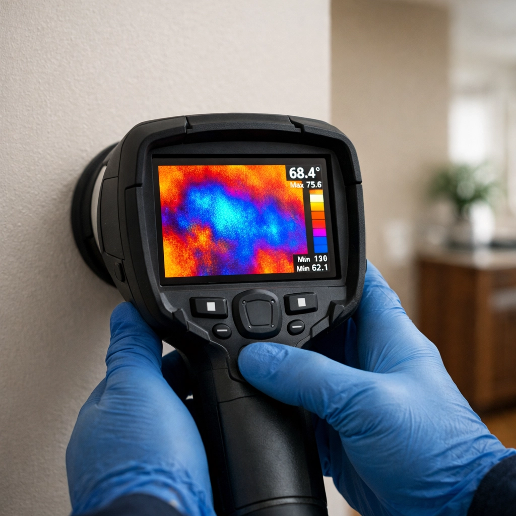 Infrared camera detecting hidden moisture in walls during water damage inspection