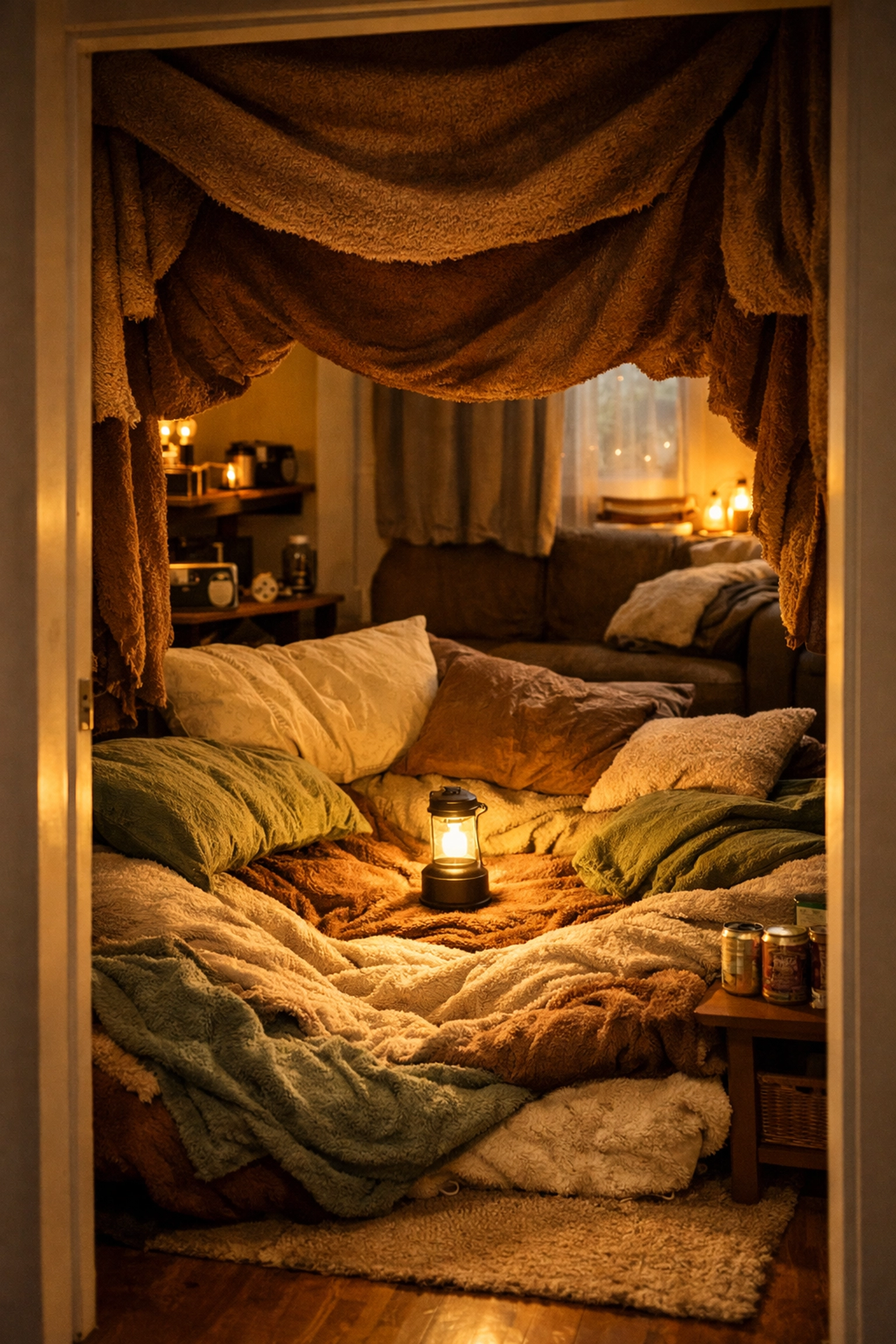 Apartment living room set up as cozy emergency shelter with blankets and lantern for winter storm How to Prep Your Apartment for Winter Blackouts in Under $50 (No Garage Required)