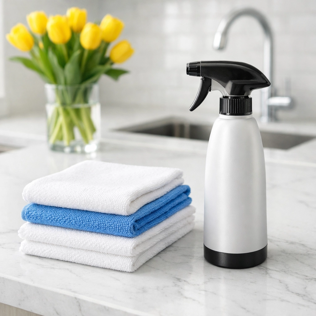 Professional cleaning equipment on a white marble counter for weekly house cleaning Westford.