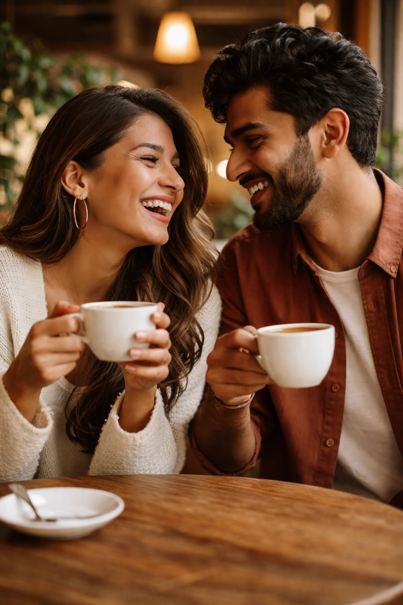 Latina and South Asian couple laughing over coffee on a casual café date, reconnecting during wedding planning.