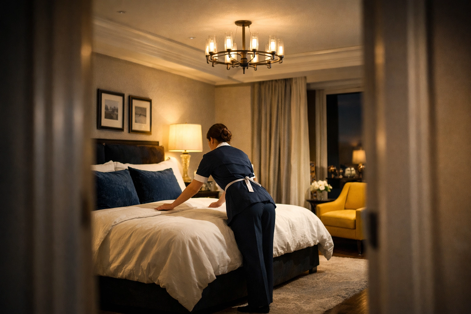 Professional cleaner providing discreet residential cleaning Massachusetts in a luxury master suite.