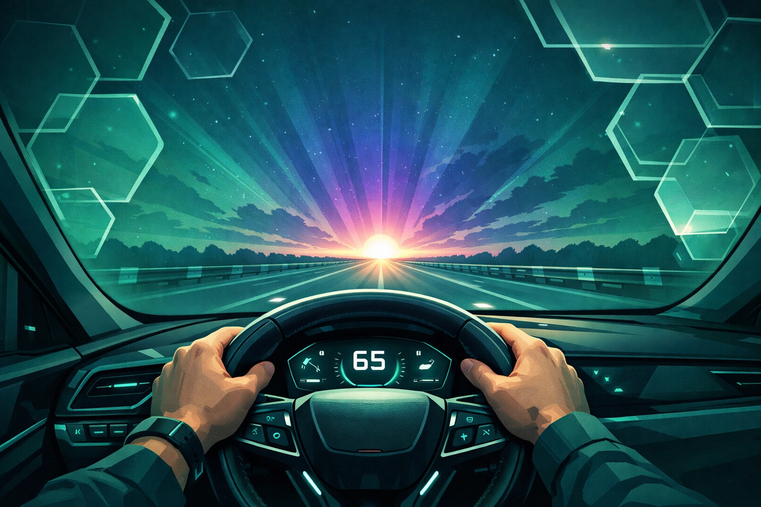 A new driver beginning Class 1 driver jobs, safely navigating a modern HGV toward the horizon.