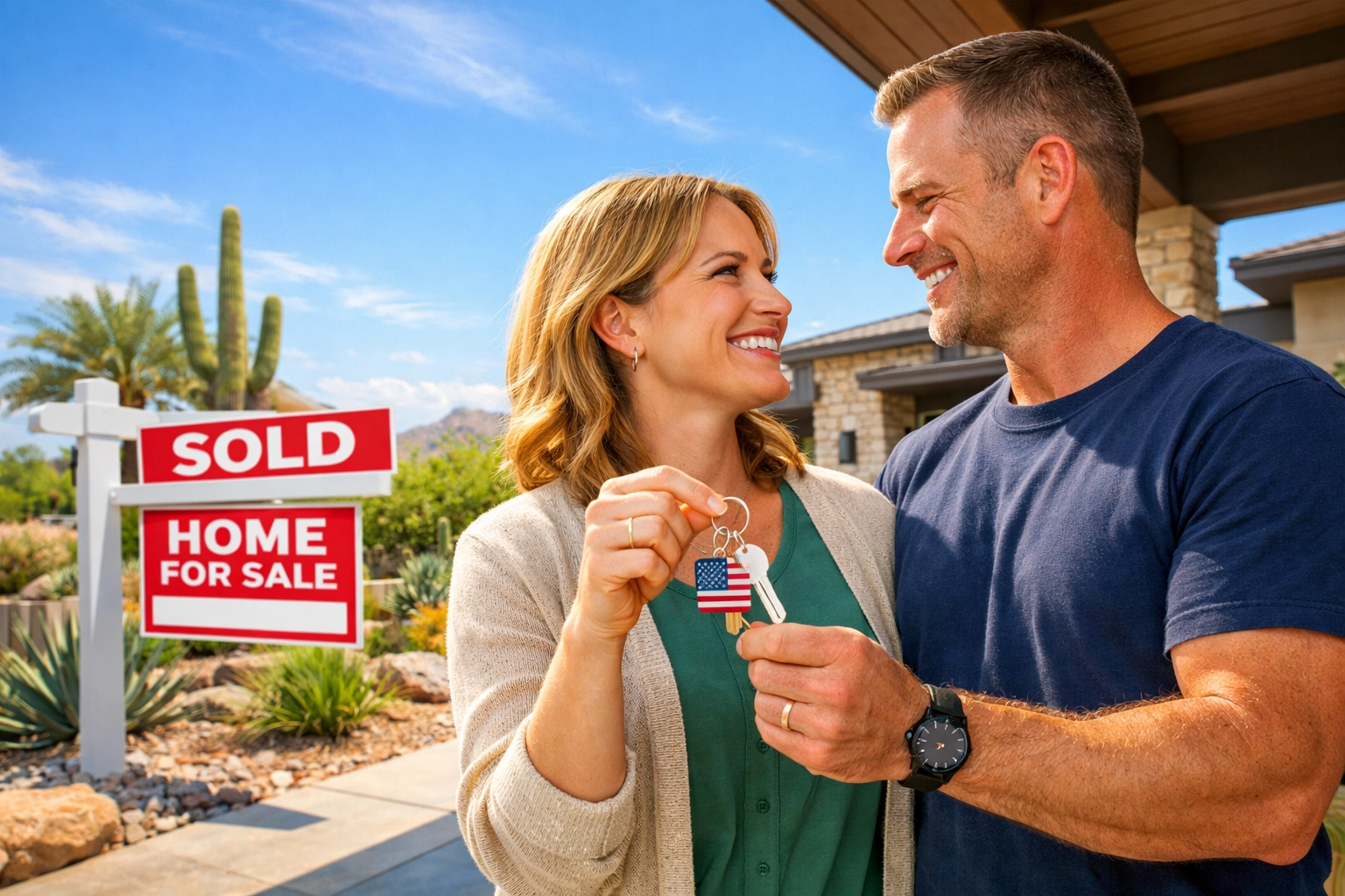 Arizona teacher and firefighter holding keys to a new home sold with hero benefits. Arizona teacher and firefighter holding keys to a new home sold with hero benefits.