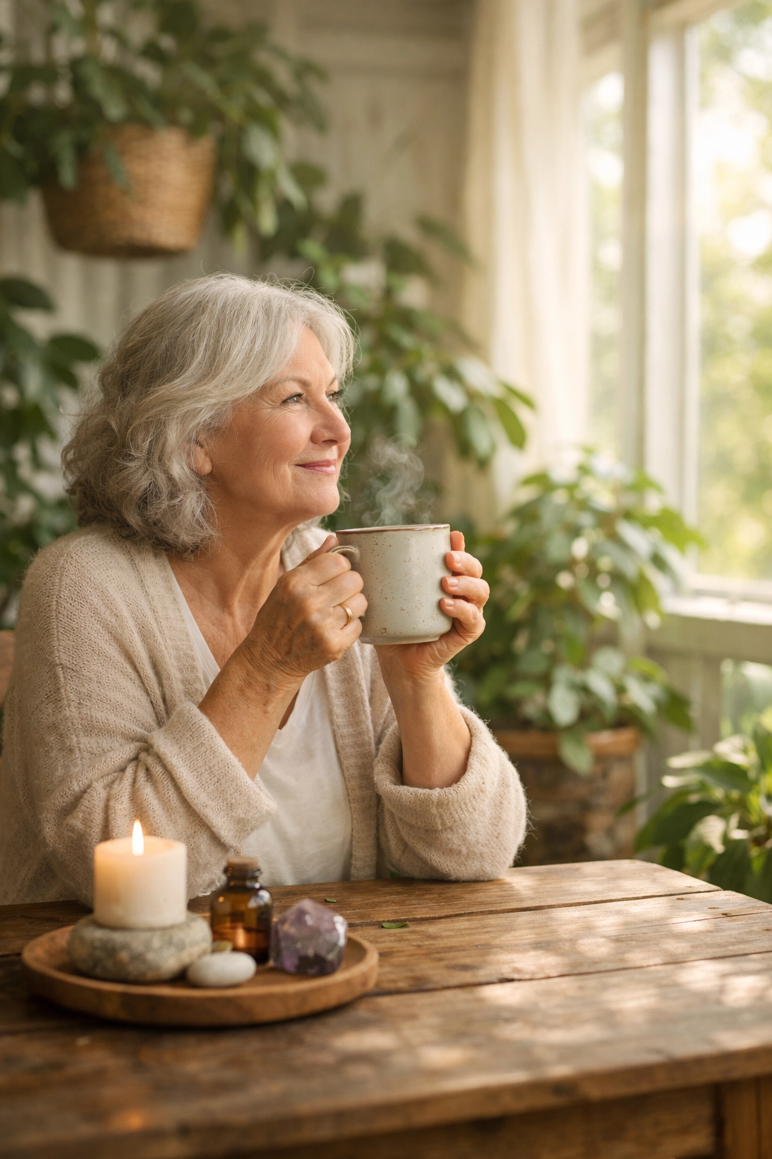 Senior woman experiencing holistic recovery and peace of mind in a bright, peaceful home environment.