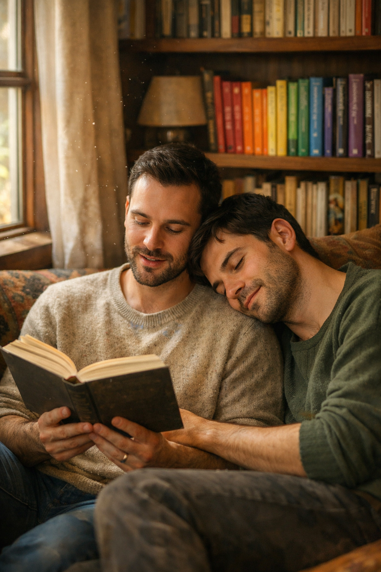 Gay couple reading MM romance together in cozy space representing queer storytelling and love