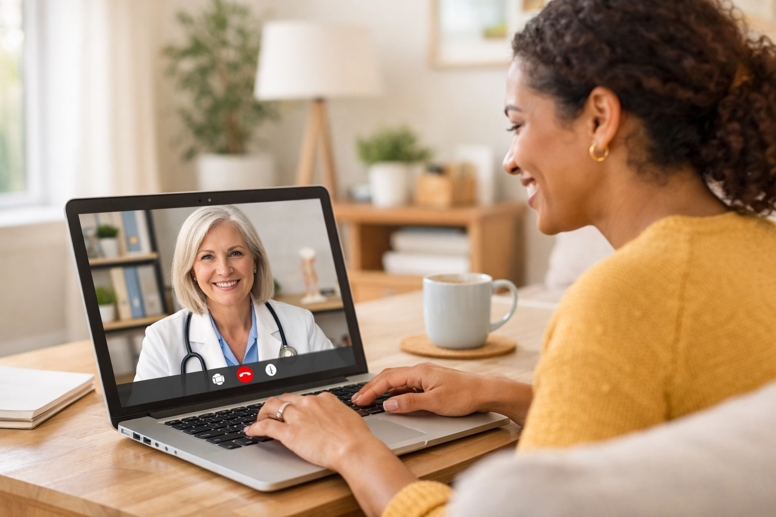 Patient consulting with online weight loss doctor through telemedicine video call