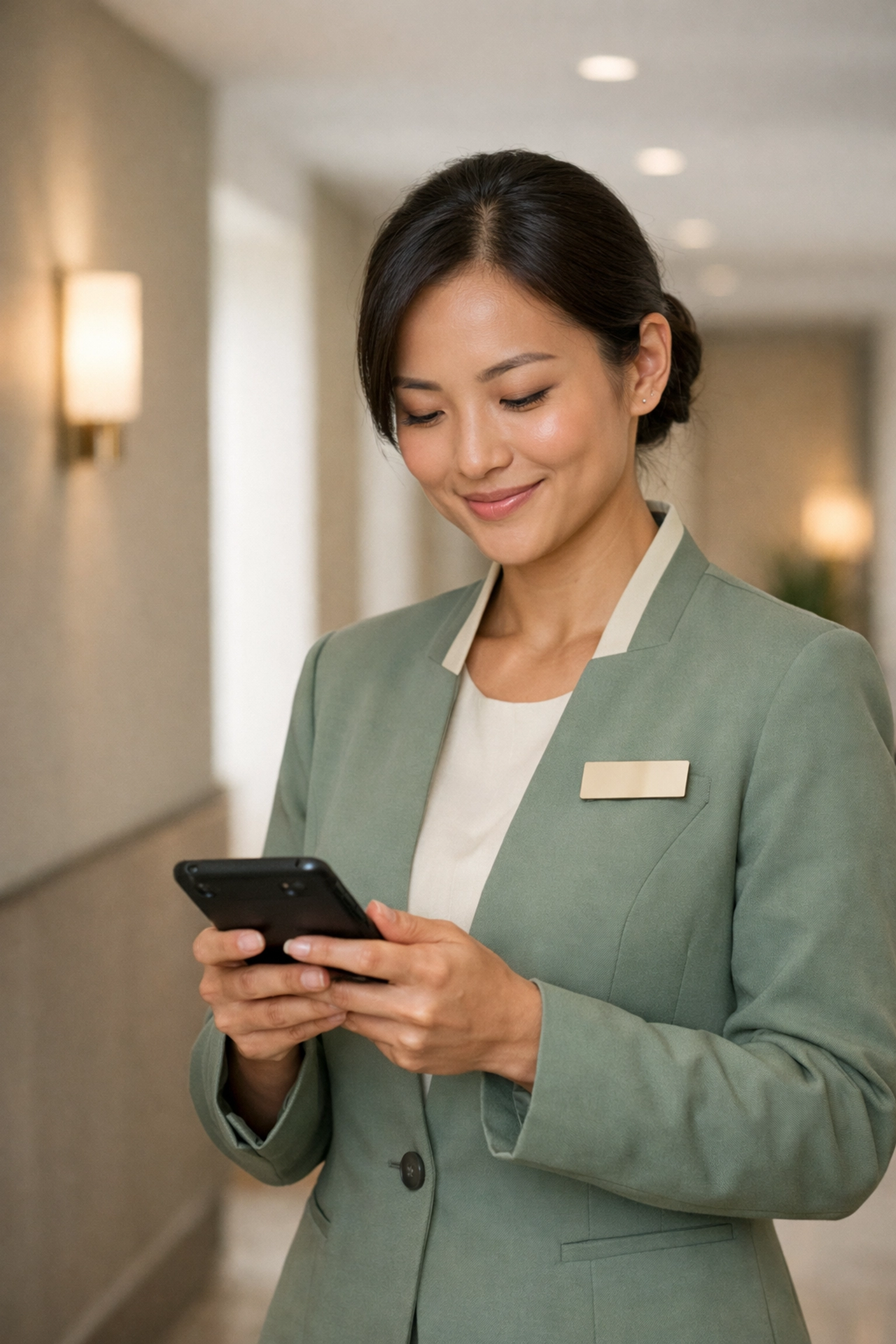 Hotel employee using mobile hotel management software to efficiently track cleaning tasks.