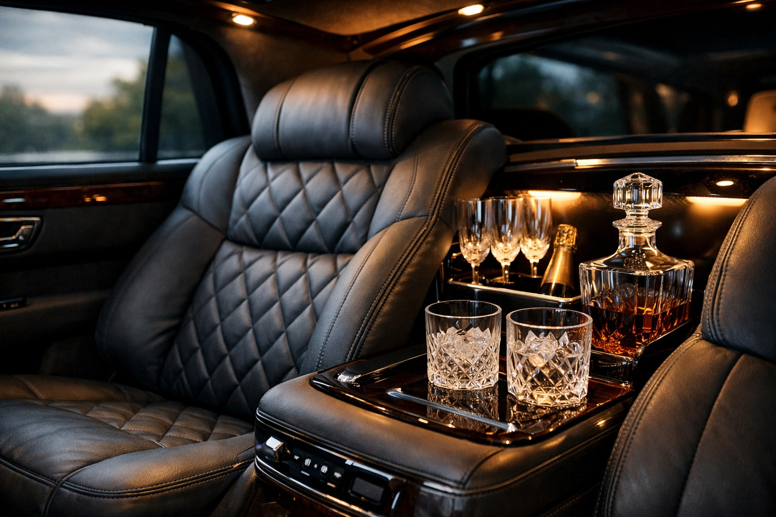 Luxurious interior of a limousine providing professional chauffeur service Knoxville TN for clients.