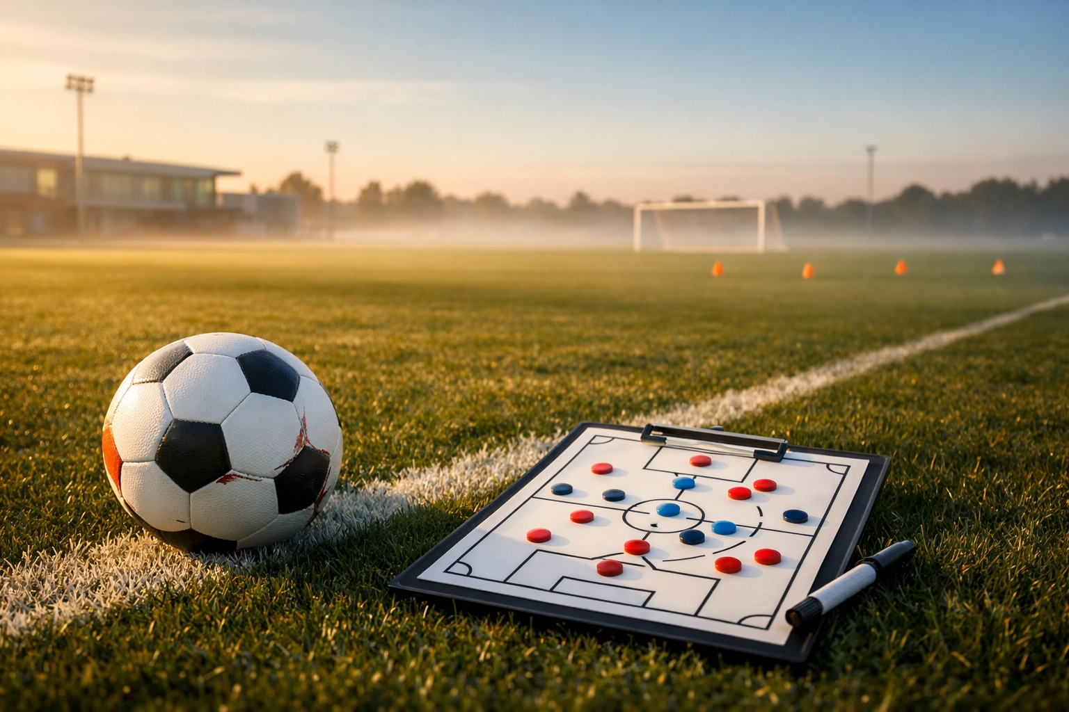 Bundesliga Trainingsplatz mit Ball und Taktiktafel für Transferplanung