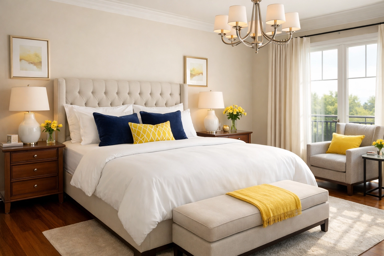 A pristine master bedroom with a perfectly made bed after a premium Ninja cleaning.