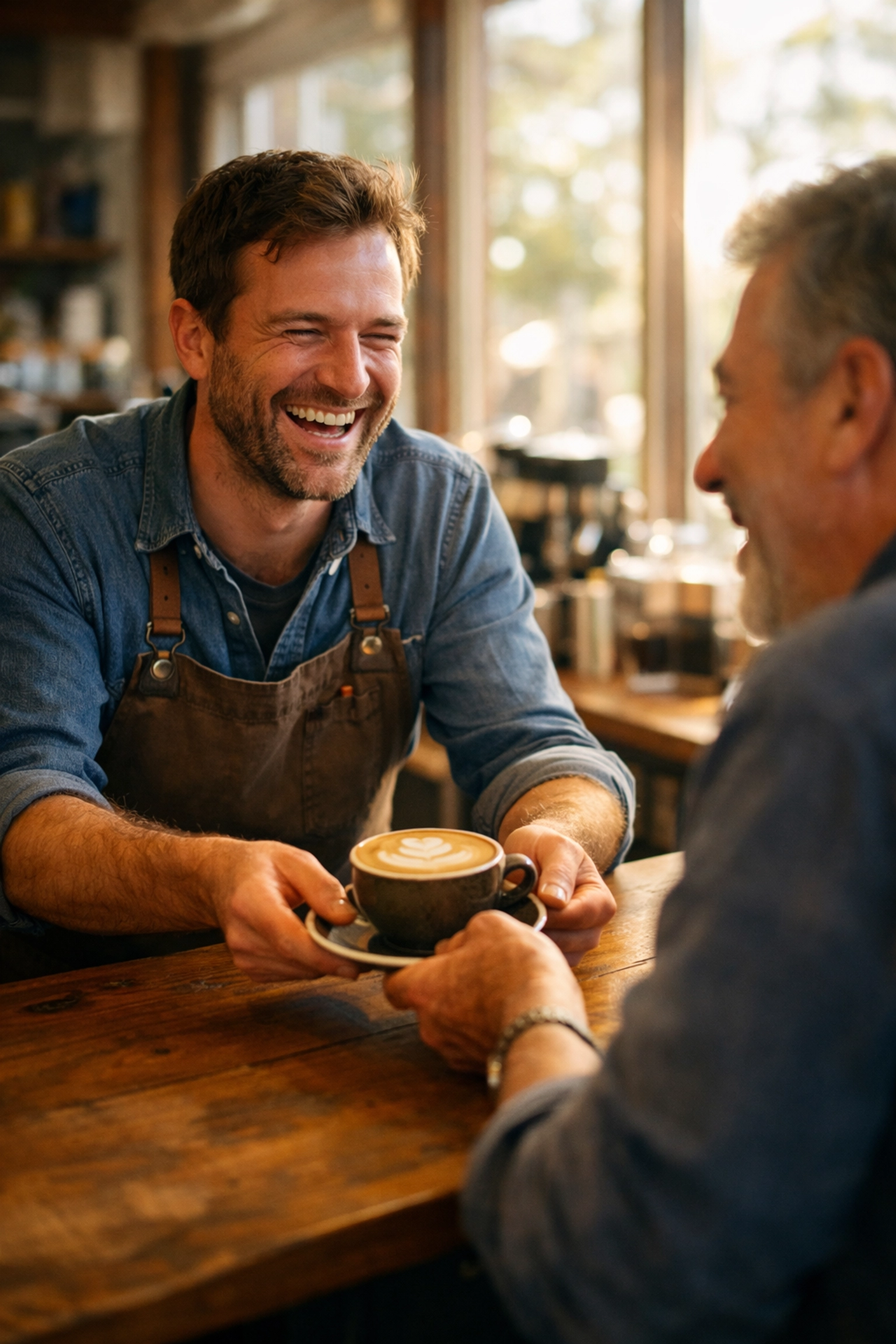 Barista serving latte to customer demonstrating excellent coffee shop customer service and brand experience