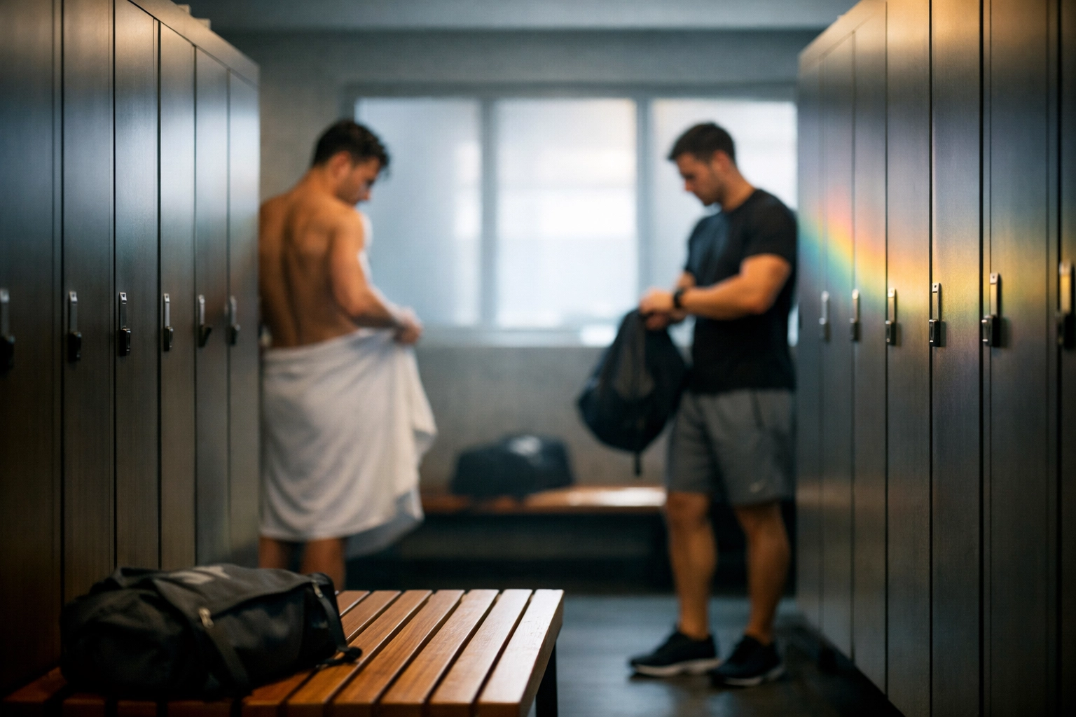 Two men practicing respectful locker room etiquette at gay-friendly gym with proper towel coverage